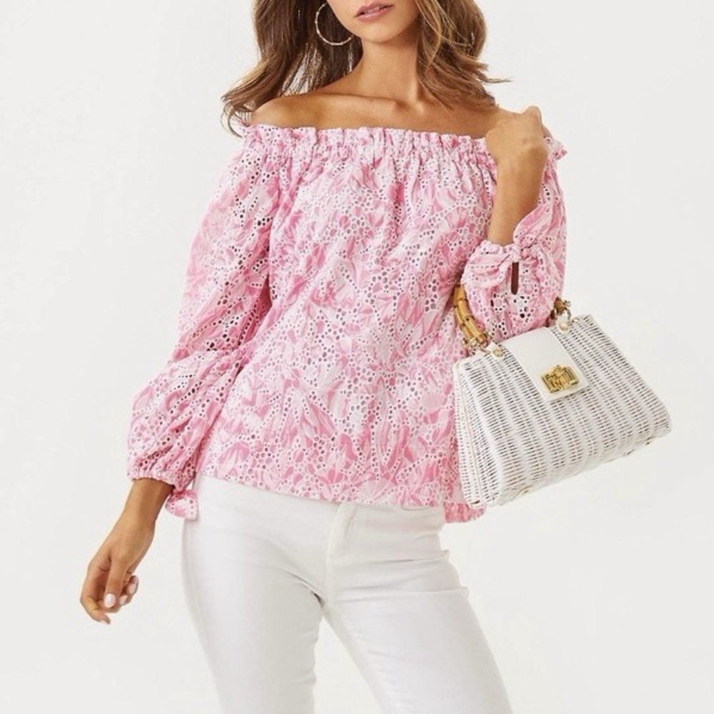 NWT Lilly Pulitzer Jamielynn Off The Shoulder Rousseau Pink Tulip to Tango top